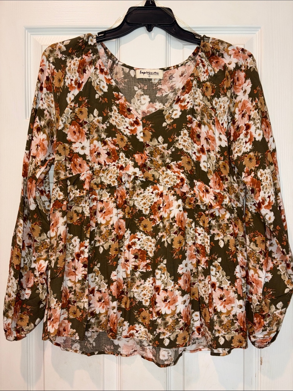 Impressions Olive Floral Peasant Blouse - Boho, Large